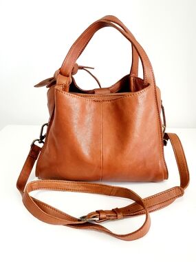 Compact Brown Leather Mini Bag with Top Handles and Crossbody Strap